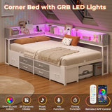 MSmask 14 Inch Corner Bed Frame with Bookcase Storage, Twin Daybed with 6 Drawers, Charging Station and LED Light, Twin Size Metal Platform Bed Frame for Kids Teenagers, White & Oak Grey MSmask