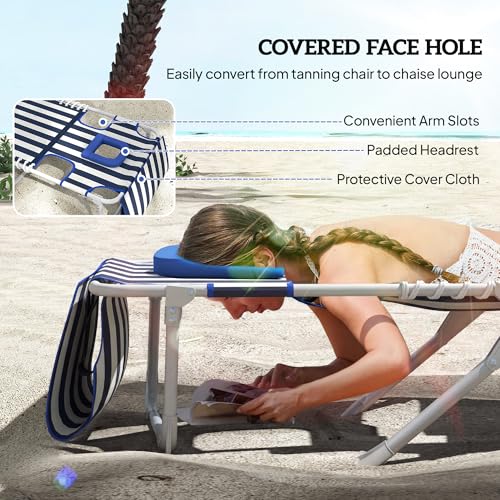 Outsunny Tanning Chair Set of 2 with Face Hole, Side Table, 5-Position Reclining Folding Chaise Lounge Chair Outdoor Lounger Recliner, Carry Straps for Beach Pool Camp, Oxford Fabric, Blue and White
