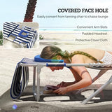 Outsunny Tanning Chair Set of 2 with Face Hole, Side Table, 5-Position Reclining Folding Chaise Lounge Chair Outdoor Lounger Recliner, Carry Straps for Beach Pool Camp, Oxford Fabric, Blue and White