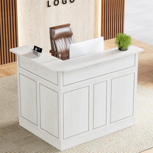 Tribesigns Reception Desk with Storage Shelves, L-Shaped Modern Front Desk, Reception Counter Table for Small Office, Salon, Checkout, White Tribesigns