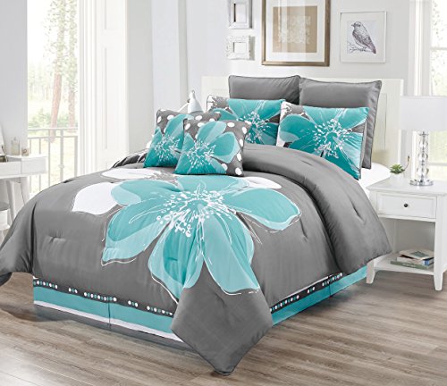 Grand Linen - 6 - Piece Aqua Blue, Grey, White Floral Comforter Set Twin Size Bedding + Accent Pillows Grand Linen