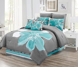 Grand Linen - 6 - Piece Aqua Blue, Grey, White Floral Comforter Set Twin Size Bedding + Accent Pillows Grand Linen