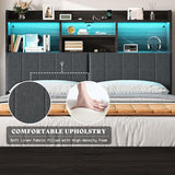 AMERLIFE King Size Bed Frame with 51.2" Tall Bookcase Headboard, Farmhouse Platform Bed with 4 Storage Drawers, Linen Upholstered, Charging Station & Storage, Rustic Black AMERLIFE