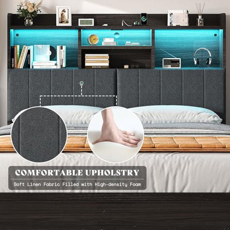 AMERLIFE King Size Bed Frame with 51.2" Tall Bookcase Headboard, Farmhouse Platform Bed with 4 Storage Drawers, Linen Upholstered, Charging Station & Storage, Rustic Black AMERLIFE