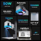 OMTECH 50W Fiber Marking Machine with Rotary Axis, 6.9x6.9 Fiber Laser Engraving Machine with JPT Laser Source, Fiber Laser Marker and Etcher with Autofocus and Camera for Aluminum Gold Jewelry OMTech