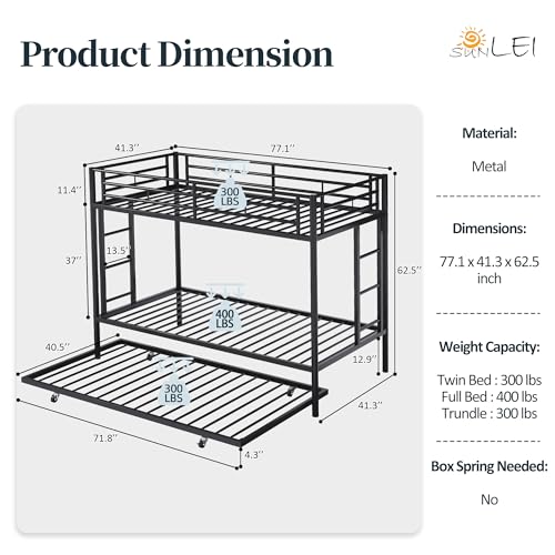 SUNLEI Bunk Bed Twin Over Twins with Trundle, Metal Loft Bed with 2 Secured Ladders, Trundle Beds Twin Safety Guard, Space-Saving, Noise Free for Small Bedroom, Black (Twin Over Twins) SUNLEI