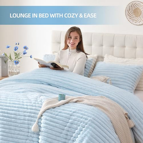 Smoofy Fluffy Full Size Comforter Sets 3 Pieces - Light Blue Fleece Fluffy Comforter Set, Luxury Fuzzy Full Bed Set, Soft Comforter Full Size All Season, Heavy Faux Fur Comforter with 2 Pillow Cases Smoofy