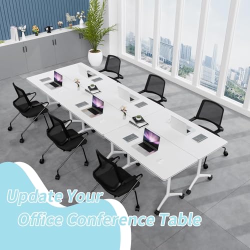AKSOUDEW Folding Conference Table, Rectangular Conference Room Tables, Mobile Modular Training Table, Solid Steel Frame,Thickened Panel,for Schools,Meeting Room and Offices (4PCS, 71in) AKSOUDEW