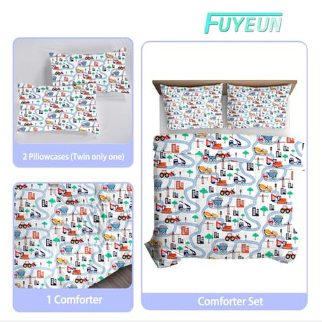 FUYEUN Cartoon Truck Comforter Set Twin: Construction Bedding Set for Boys Kids Children Bedroom Dorm White Cute Cars Quilt 1 Comforter + 1 Pillow Case FUYEUN