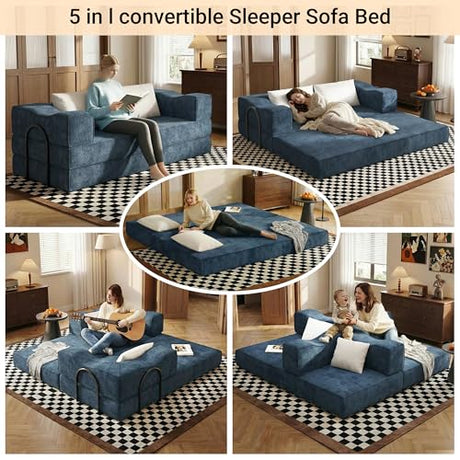 MAKIAAP 80" Foldable Chenille Futon Sofa Bed, 4-in-1 Convertible Couch with 2 Pillows, King-Size Floor Lounger for Living Room, Guest Room, Dorm - No Assembly (Blue, 80in) MAKIAAP