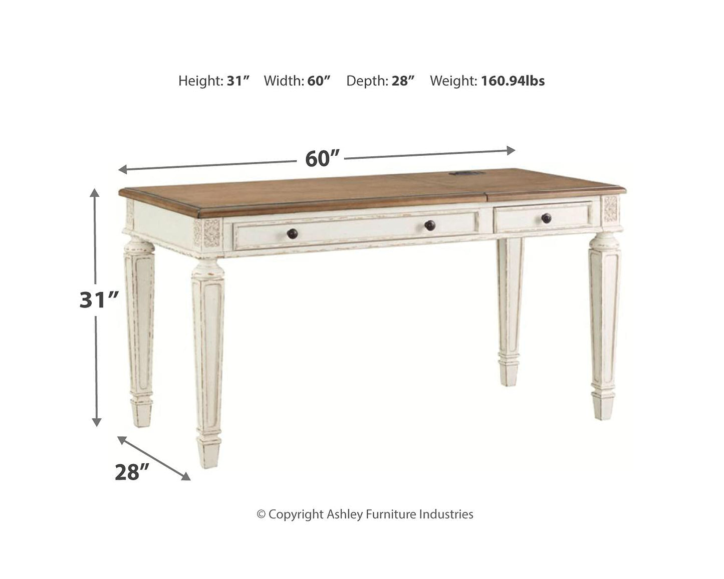 Signature Design by Ashley Realyn French Country 60" Home Office Lift Top Desk with USB Charging, Chipped White - WoodArtSupply