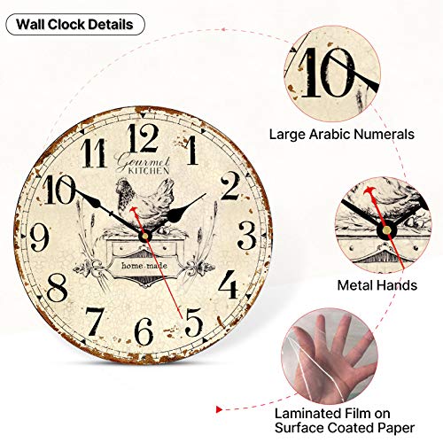 Toudorp Rustic Wall Clock French Country Vintage 14 Inch Wall Clock Battery Operated Silent Non-Ticking Wooden Wall Clock Retro Arabic Numerals Animal Style Wall Clock (Gourmet Kitchen) Toudorp