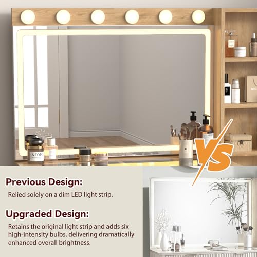 SFDOU 43" Fluted Makeup Vanity Desk with 32" Mirror and Lights, Modern Glass Top Large Vanity Table with 5 Drawers and 3 Storage Shelves, Dressing Table Set with Charging Station for Bedroom-Gray SFDOU