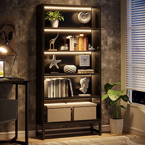 Tribesigns 70.8” Tall Black Bookcase with LED Lights - Heavy Duty 5-Tier Storage Shelf - WoodArtSupply