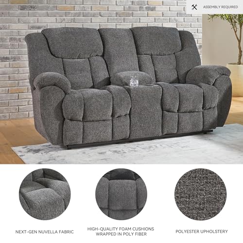 Signature Design by Ashley Foreside Contemporary Stain Resistant Manual Double Reclining Loveseat with Console, Storage and Cup Holders, Gray Signature Design by Ashley