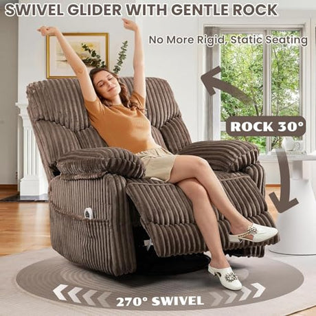 SUNWAVE Power Recliner Chair, Electric Swivel Rocker Recliner with Massage and Heat, Hybrid Corduroy Recliner, USB Remote, Tool-Free Assembly SUNWAVE