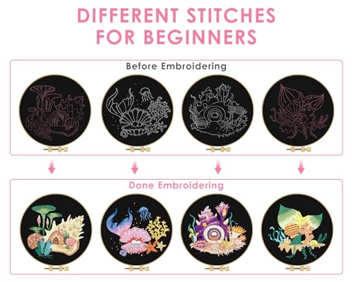 TINDTOP 4 Pack Embroidery Kit for Adult Beginners, Embroidery DIY Starter Kit, with Ocean Shell Stamped Patterns, Hoop, Tools, Colorful Threads with Needles, Instructions