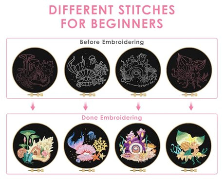 TINDTOP 4 Pack Embroidery Kit for Adult Beginners, Embroidery DIY Starter Kit, with Ocean Shell Stamped Patterns, Hoop, Tools, Colorful Threads with Needles, Instructions TINDTOP