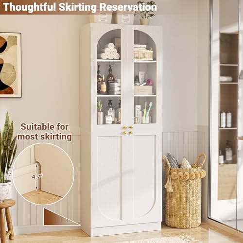 Cyclysio 80" Kitchen Pantry, Tall Arch Storage Cabinet with Tempered Glass Doors, Freestanding Wood Floor Cupboard Bookcase with Seamless Fit Wall for Dining Room, Living Room, Bathroom (White) Cyclysio