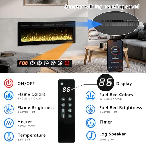 Mystflame 50 Inch WiFi-Enabled Recessed Electric Fireplace Inserts with Log Speaker,Alexa/Google Compatible,Wall Mounted & Freestanding Fireplace Heater,13 Adjustable Colors,5 Brightness Levels,Timer Mystflame