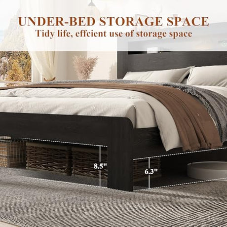 Wooden Bed Frame King Size with Storage Headboard - Farmhouse Platform Bed Frame with Bookcase Shelf & Led Lights, Sturdy Wood Slat Framework Bed Frame (Black LED) SAMTRA