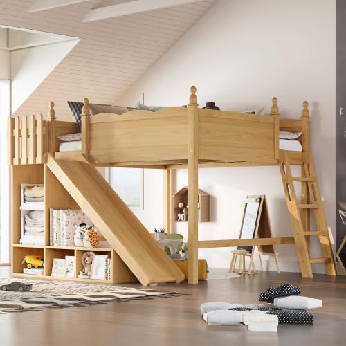 Bellemave Queen Size Kids Loft Bed with Storage Shelves & Cabinet, Solid Wood Loft Bed Frame with Detachable Slide & Ladders for Girls Boys (Natural/Queen) Bellemave