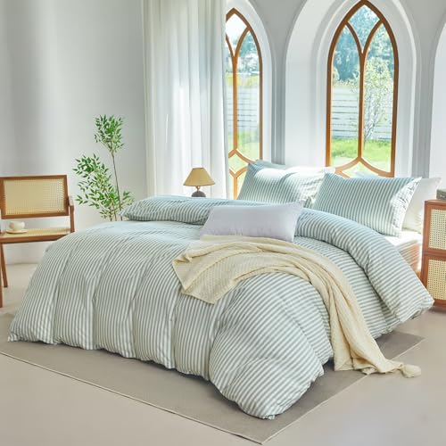 XINMIANFANG Striped Duvet Cover Set Full Size 3 Pcs 100% Washed Cotton Linen Like Textured Natural Wrinkle Comfy Breathable (Full, Classic Stripe-Sage Green/White) XINMIANFANG