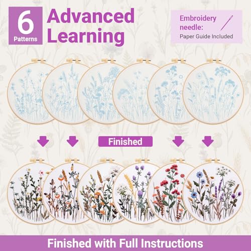 6 Pack Embroidery Kit for Beginners and Adults, Flower Cross Stitch Kits Needlepoint Kits, Hand Embroidery Kit Includes 6 Floral Embroidery Patterns, 1 Embroidery Hoop, Instructions and Other Tools
