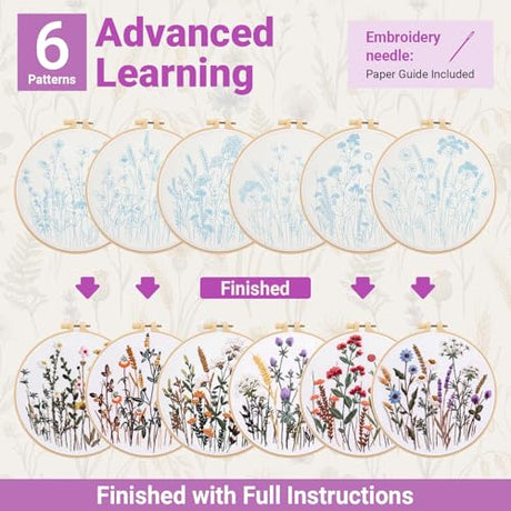 6 Pack Embroidery Kit for Beginners and Adults, Flower Cross Stitch Kits Needlepoint Kits, Hand Embroidery Kit Includes 6 Floral Embroidery Patterns, 1 Embroidery Hoop, Instructions and Other Tools Hokoad