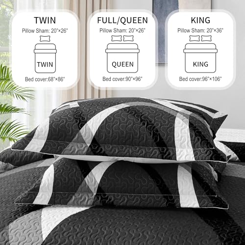 weesire Black and White Bedding Quilt King Size with 2 Shams, Modern Stripe Comforter Sets Classic Line Pattern Bedspreads Grey and White Coverlet, 96''x106'' weesire