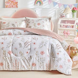 Joyreap 3pcs Floral Cotton Comforter Set for Girls, Pink Flowers n Leaves Botanical Design, Twin Size Soft n Cozy Bedding Comforter Set for All Season- 68x88 inches Joyreap
