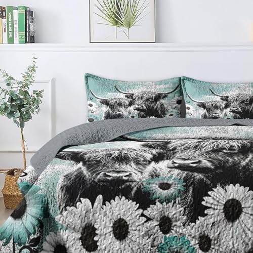 Pamnest Quilt Set King Size, Highland Cow Animal 3 Pcs Soft Bed Cover Bedding Set for Kids and Adults, Farm Daisy Lightweight Bedspread Coverlet with Pillow Sham for All Season Pamnest