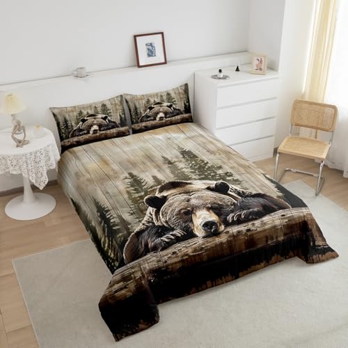 Feelyou Grizzly Bear Comforter Set King Size, Wild Animal Hunting Quilt Set with 2 Pillowcases, Western Cabin Bedding Set 3pcs for Kids Boys Teens Room Decor, Rustic Country Farmhouse Duvet Insert Feelyou