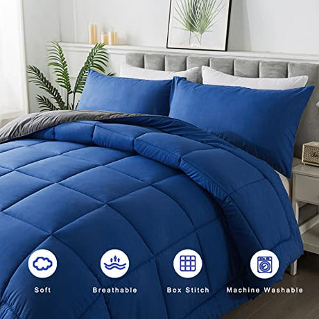 DOWNCOOL Queen Comforter Set -All Season Bedding Comforters Sets with 2 Pillow Cases-3 Pieces Bedding Sets Queen -Down Alternative Blue/Grey Queen Size Comforter Sets(88"x92") DOWNCOOL