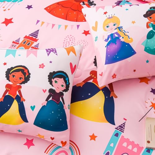GRAT TIOC 6 Pieces Pink Princess Comforter Set for Girls Twin,Bed in A Bag Princess Bedding Set for Girl Kids (1 Comforter,1 Flat Sheet,1 Fitted Sheet,2 Pillowcases and 1 Cushion Cover) GRAT TIOC