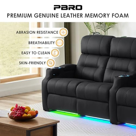 PBRO Home Theater Seating Top Grain Leather, Zero Gravity Recliner Chair Movie Theater Chairs Electric Sofa with Power Reclining USB Charge Ambient Lighting Black Single Seats for Living Room PBRO