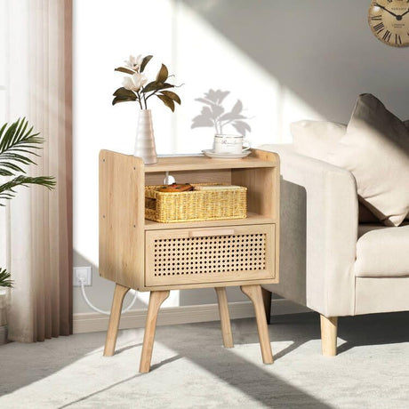 Lerliuo Rattan Nightstand with Charging Station, Boho Side Table with Drawer Open Shelf, Cane Accent Bedside End Table with Solid Wood Legs for Bedroom, Dorm and Small Spaces Lerliuo