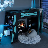 TCMILA Twin Size Loft Bed with Desk, TV Stand, LED & USB, Gaming Loft Bed with Storage Bookshelf, Space Saving, for Kids Adults Boys, Blue TCMILA