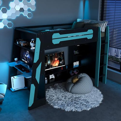 TCMILA Twin Size Loft Bed with Desk, TV Stand, LED & USB, Gaming Loft Bed with Storage Bookshelf, Space Saving, for Kids Adults Boys, Blue
