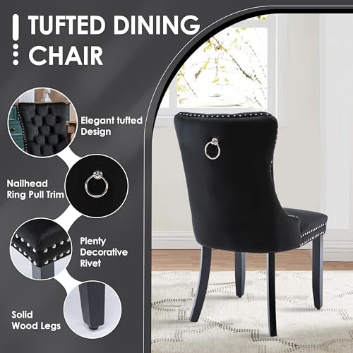 HAIZAO 5 Pieces Modern Luxury Glass Dining Set, Minimalist Rectangle Dinner Room Set for 4, 47'' Black Glass Top Kitchen Table Set with Black Tufted Chairs, for Small Apartment Home HAIZAO