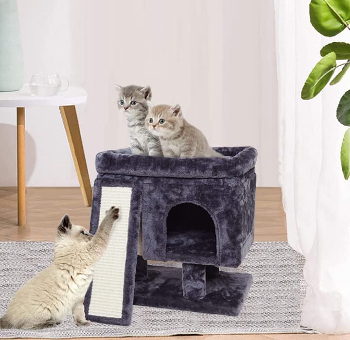 SYANDLVY Small Cat Tree for Indoor Cats Large Adult, Cat Tower with Scratching Post, Modern Cat House with Padded Perch, Kittens Condo with Board, Cat Cave (Smoky Grey) SYANDLVY