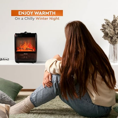 Comfort Zone Electric Mini Fireplace Space Heater with Realistic 3D Flame, Stay-Cool Body, Carry Handle, Overheat Sensor, and Safety Tip-Over Switch, Ideal for Home, Bedroom, & Office, 1,200W, CZFP1BK