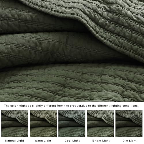 WDCOZY 100% Cotton King Size Quilt Set - Olive Green Striped Pick Stitch Soft Lightweight Bedspread, Textured Like Linen, Farmhouse Country Rustic Coverlet, Shabby Chic Gauze Bedding, 3 Pieces WDCOZY