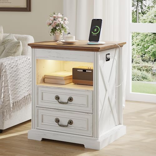 Dystler Night Stand with Gun Drawer, Bedside Table with LED Light & Human Sensor, Nightstand Gun Safe with 2 Drawers for Bedroom, Farmhouse End Table with Charger Station, Antique White Dystler