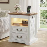 Dystler Night Stand with Gun Drawer, Bedside Table with LED Light & Human Sensor, Nightstand Gun Safe with 2 Drawers for Bedroom, Farmhouse End Table with Charger Station, Antique White Dystler
