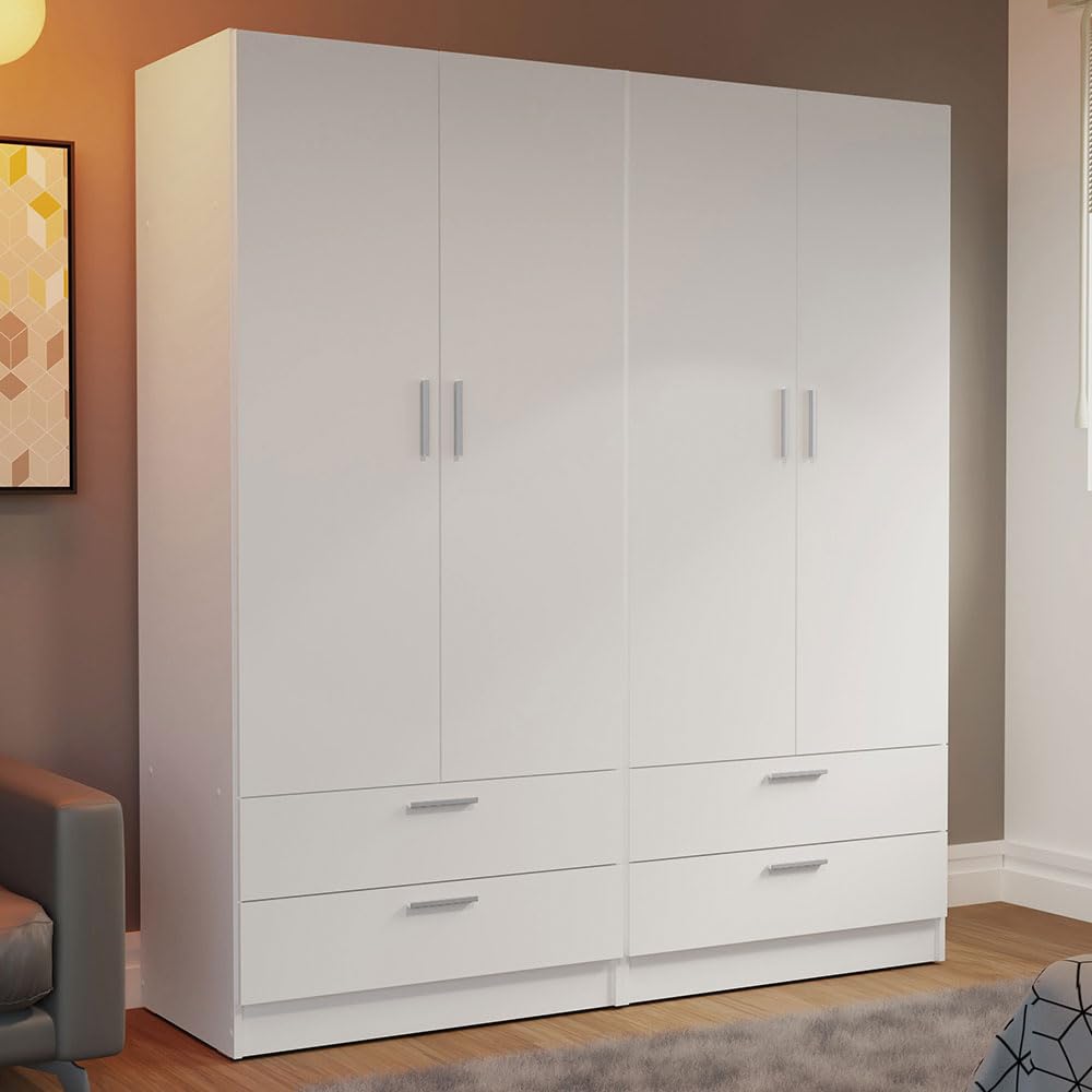 Madesa 4 Doors 4 Drawers Storage Cabinet Wardrobe with Shelves and Hanging Space 63" L Wooden Armoire Closet Organization Unit for Bedroom and Office (White) Madesa