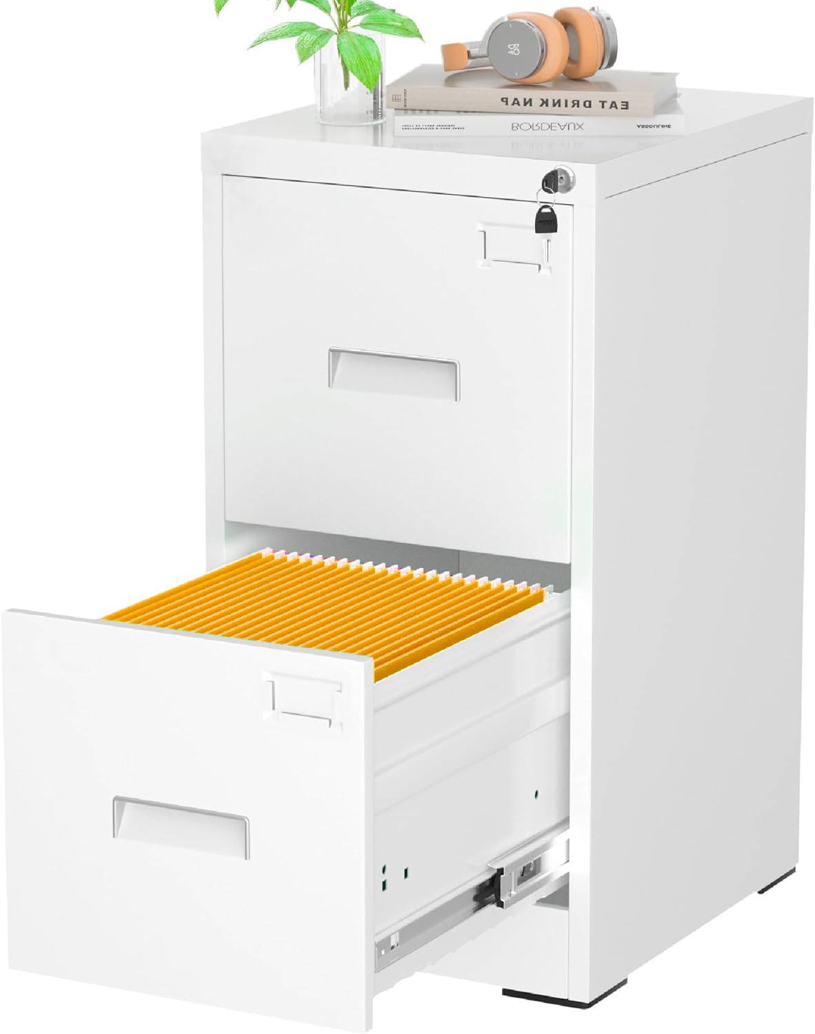 INTERGREAT 2 Drawer File Cabinet, White Metal Filing Cabinet with Lock, Lockable Narrow Storage Cabinet with 4 Adjustable Hanging Rods for Home Office INTERGREAT