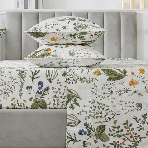FADFAY 100% Egyptian Cotton Sheets Twin Botanical Printed Floral Sheets Yellow Flowers & Leaves Pattern Farmhouse Bedding Soft and Breathable French Country Bedding 4Pcs Deep Pocket Twin Sheet Set FADFAY