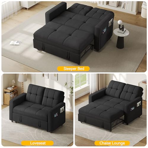 YITAHOME 3-in-1 Convertible Sofa Bed, Modern Loveseat Sleeper with Pull-Out Chaise, USB Charging Ports, Side Pockets, Compact Sofa for Living Room, Bedroom, Apartment, Black YITAHOME