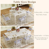 7-Piece Dining Table Set for 4-6, Extendable Kitchen Table Cushion Chairs Set of 6 with 6 Chairs, Rectangle Dining Table with Metal Frame & MDF Board, Folding for Small Apartment Saving Space, White HUAHUU